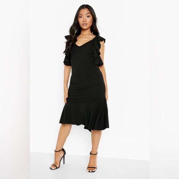 Boohoo Frill Open Back Short Waterfall Flutter Sleeve Flounced Hem Midi Dress 10 - Picture 1 of 10